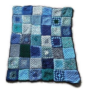 Handmade Crochet Granny Square Blue White Green Grey and Black Blanket T…